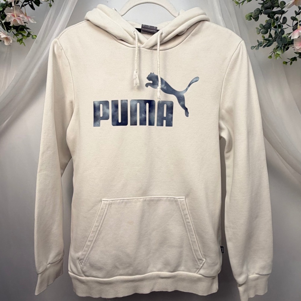 Puma Mens Graphic Logo Hoodie Cream Off White Blue Tie Dye Small